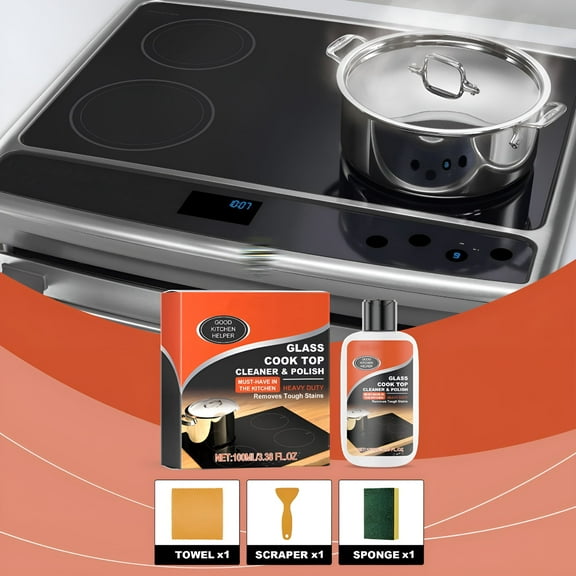 RAGUPEL Glass Stove Top Cleaner Kit Glass Cooktop Cleaner Non-Abrasive,Stove Oven Cleaner & Polish For Ceramic,Electric,Induction,Flat Top Stovetop,Gas - With Scrubbing Pad,Scraper,Cloth