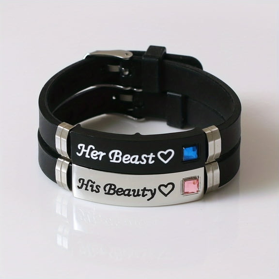 2pcs Elegant "Her Beast, His Beauty" Love Heart Couple Bracelets - Stylish Black Silicone Wristbands with Cubic Zirconia Accents, Perfect for Daily Wear & Gifting, Love Bracelets,Silvery Black