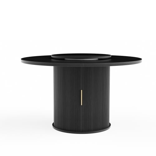 55-Inch Round Black Dining Table for 6 with Rotating Tray & Double-Tier Storage, Wooden Wavy-Striped Sliding Doors, Modern Farmhouse Style