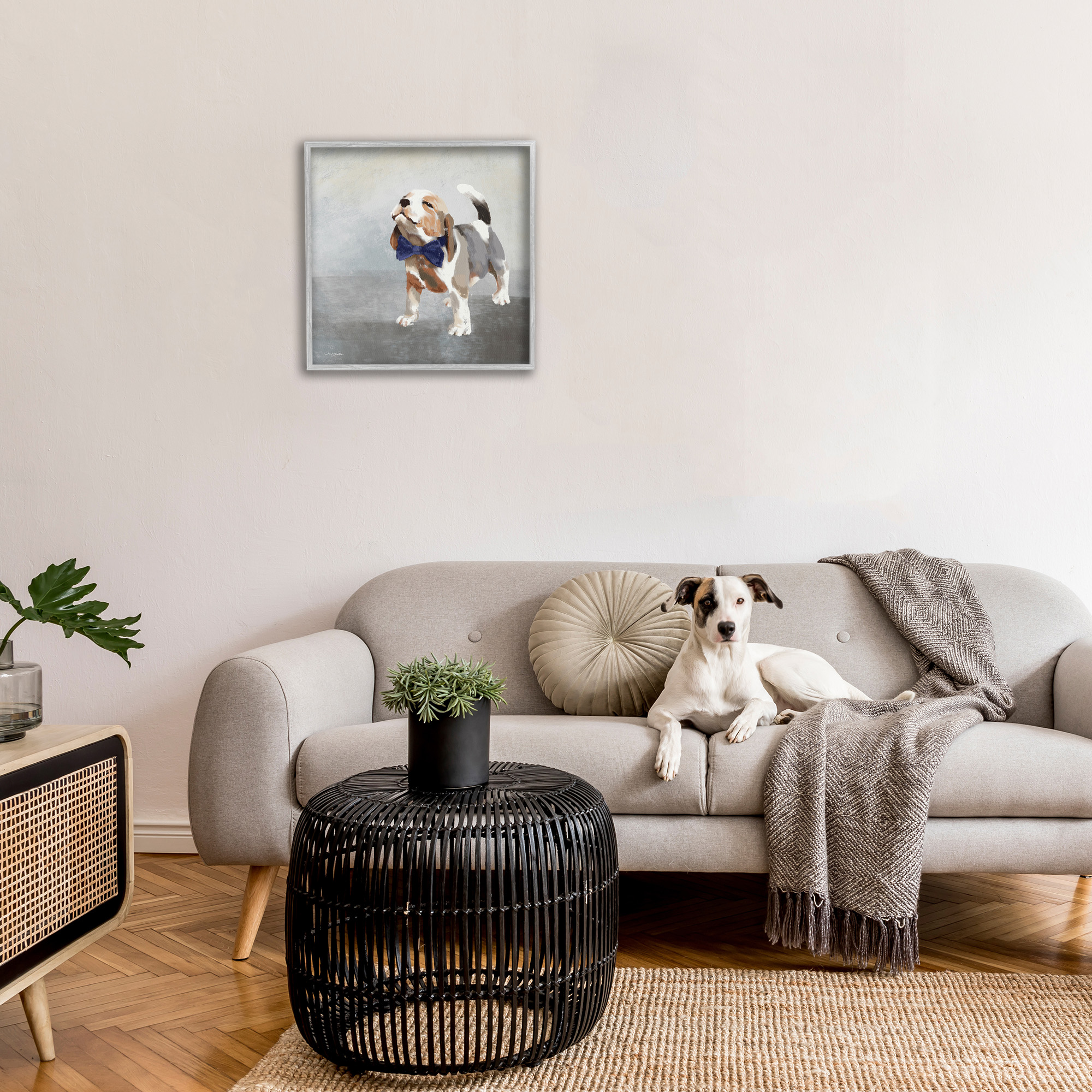 Stupell Industries Happy Beagle in Bowtie Animals & Insects Painting Gray Framed Art Print Wall Art, 24 x 24