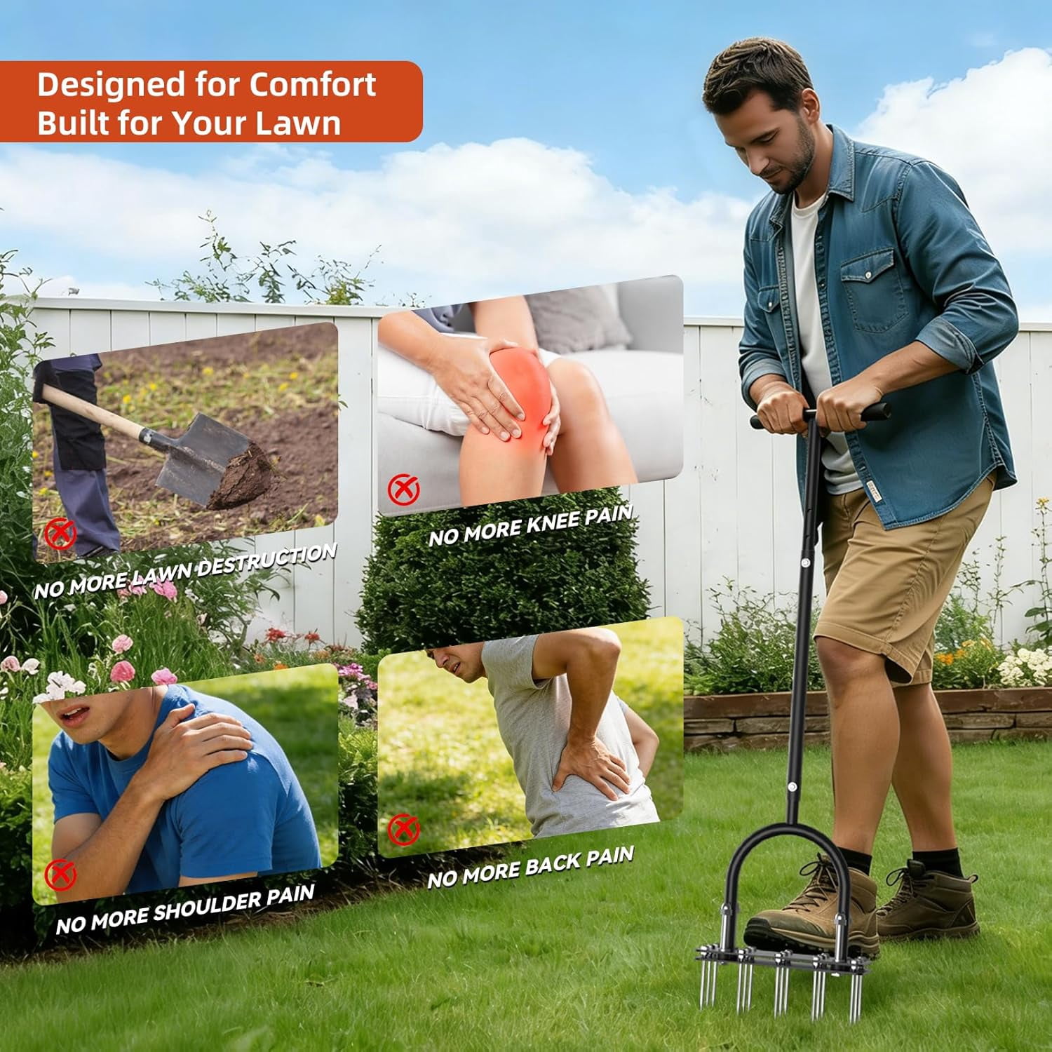 Manual Lawn Aerator Tool with 15 Spikes, 32"-35" Adjustable T-Handle Aerator for Lawn, Automatic Dirt Ejection Design, Heavy Duty Yard Grass Aerator for Soil Compaction，Black