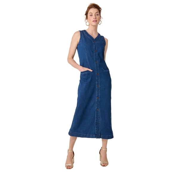Jessica London Women's Plus Size Denim Button Midi Dress