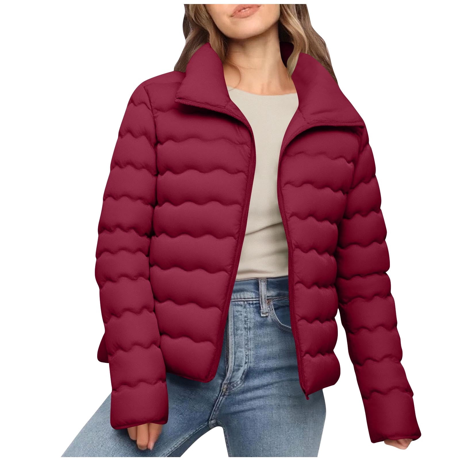 Lmnyox Women's Puffer Jacket Plus Size Zip Up Long Sleeve Collared Coat ...