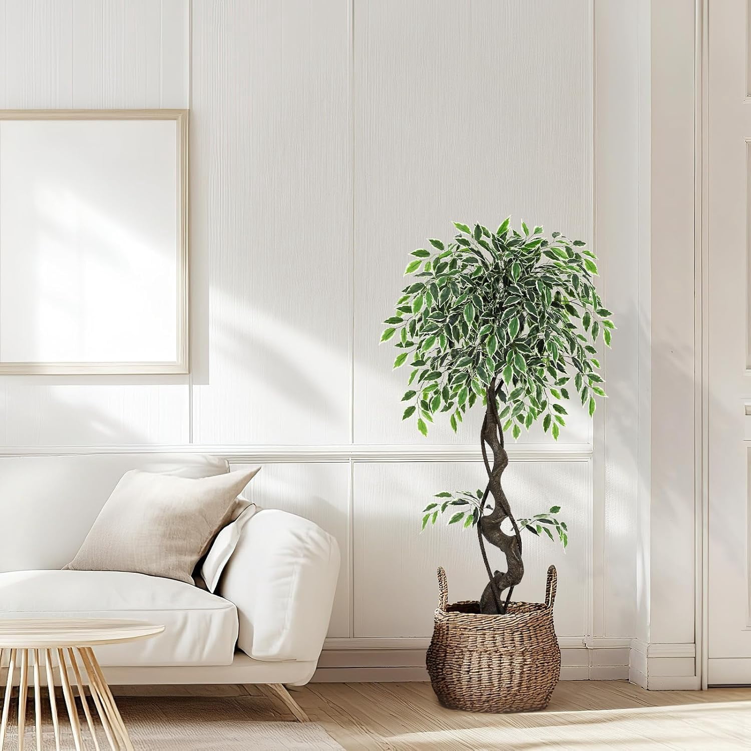 EastVita Artificial Plant Ficus Tree Curved Tree Trunk with White Pot