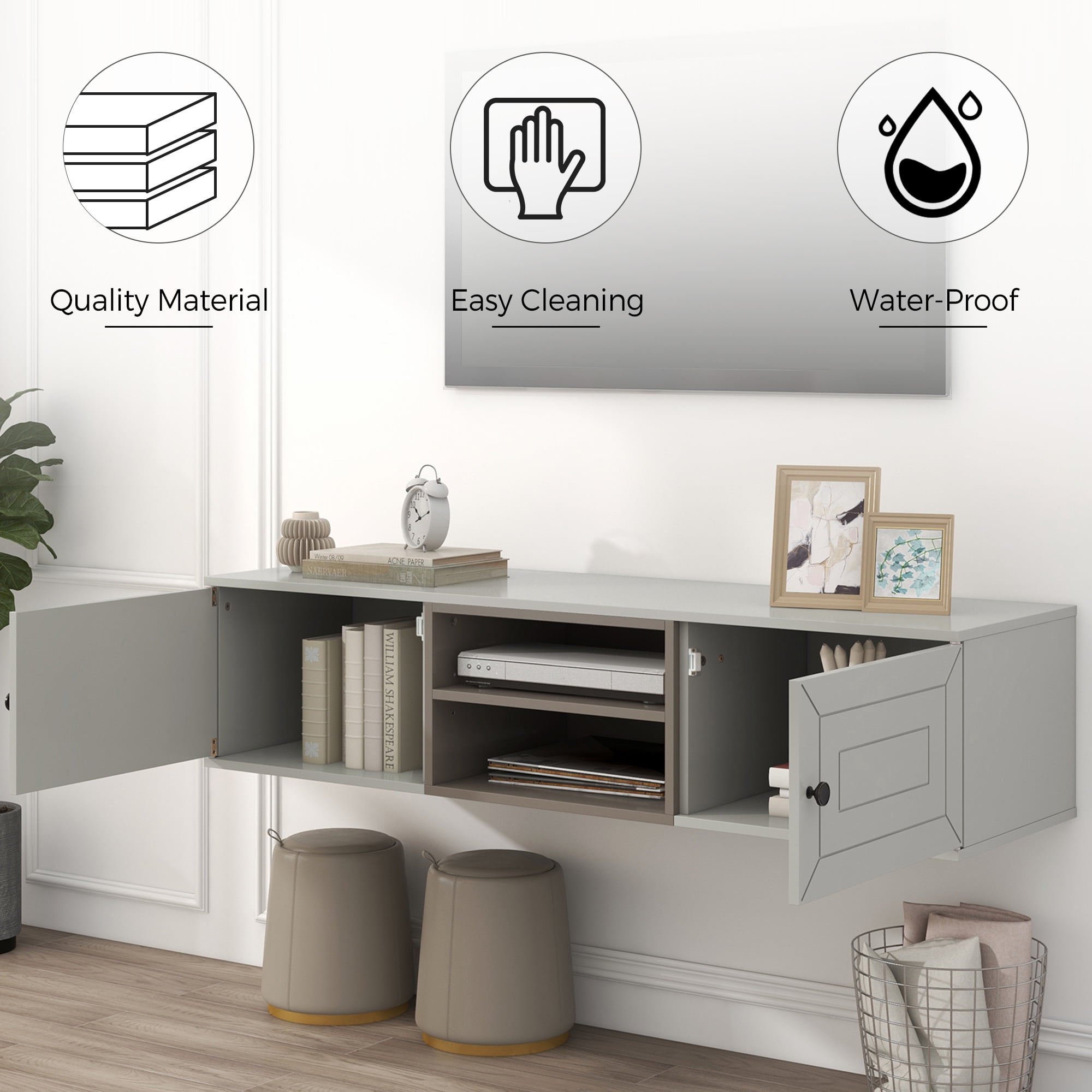 Resenkos Floating TV Stand Wall Mounted with Adjustable shelves, Modern High Gloss Entertainment Center for 70Inch TVs, Beige