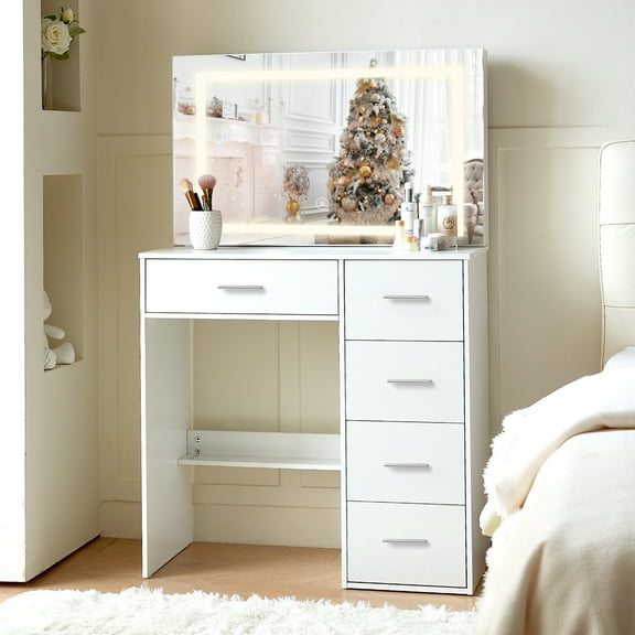 JBLCC White Makeup Vanity Desk with Large LED Mirror, 5 Drawers Dressing Table for Girls