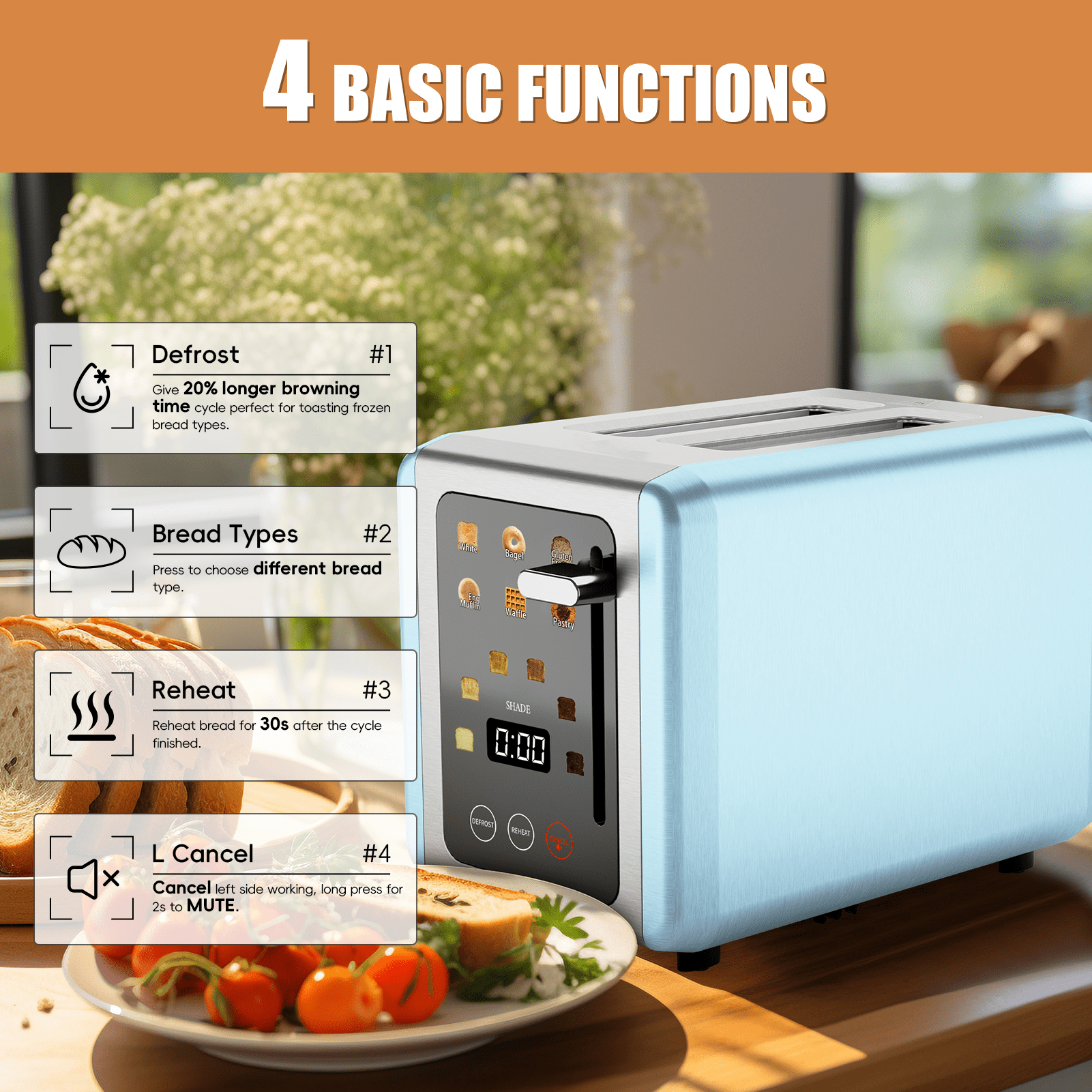 WHALLULTRA 2-Slice Touchscreen Toaster, Stainless Steel, 1.5" Wide Slots, Bagel/Defrost, 850W, Blue
