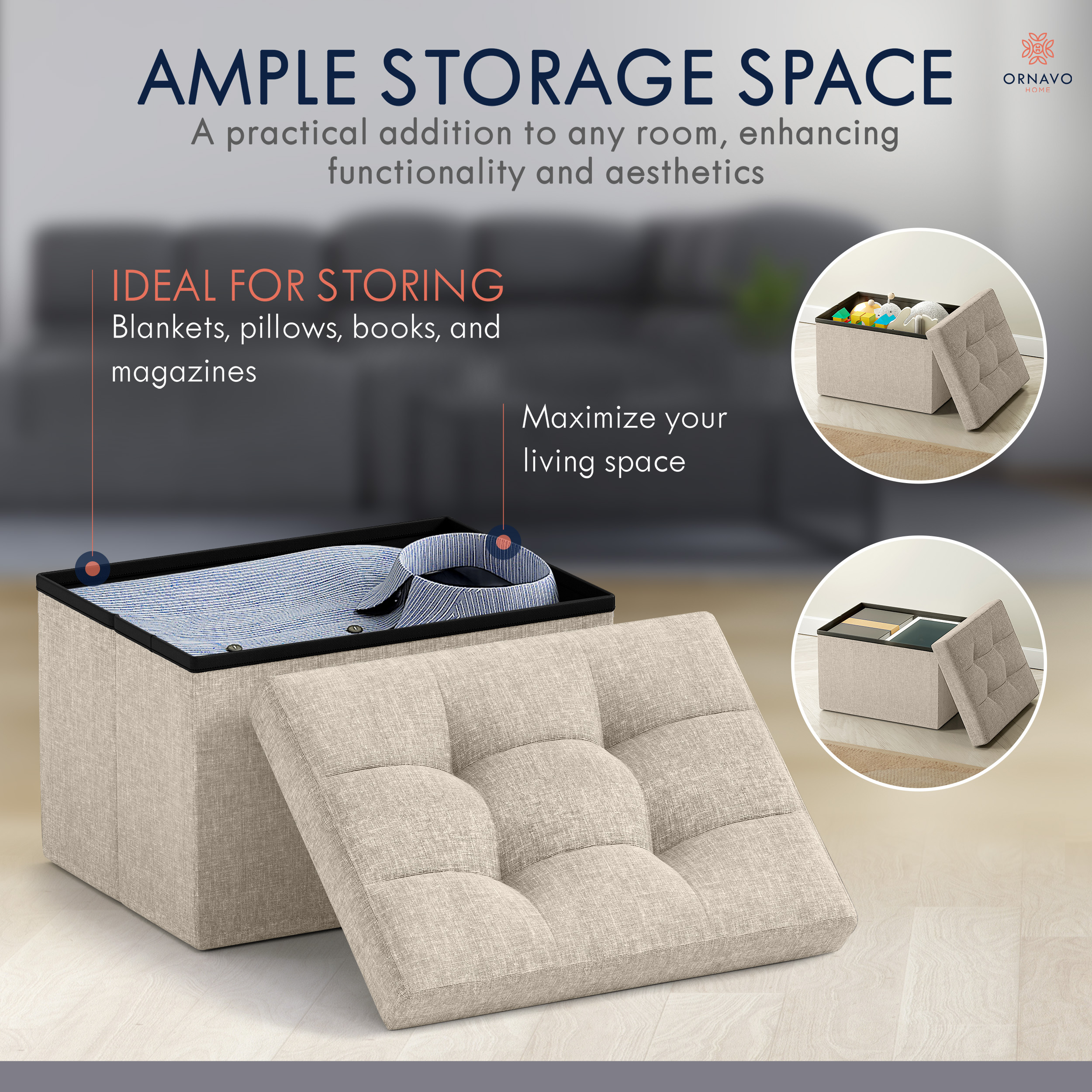 Ornavo Home Small Storage Ottoman, Beige Linen photo 7