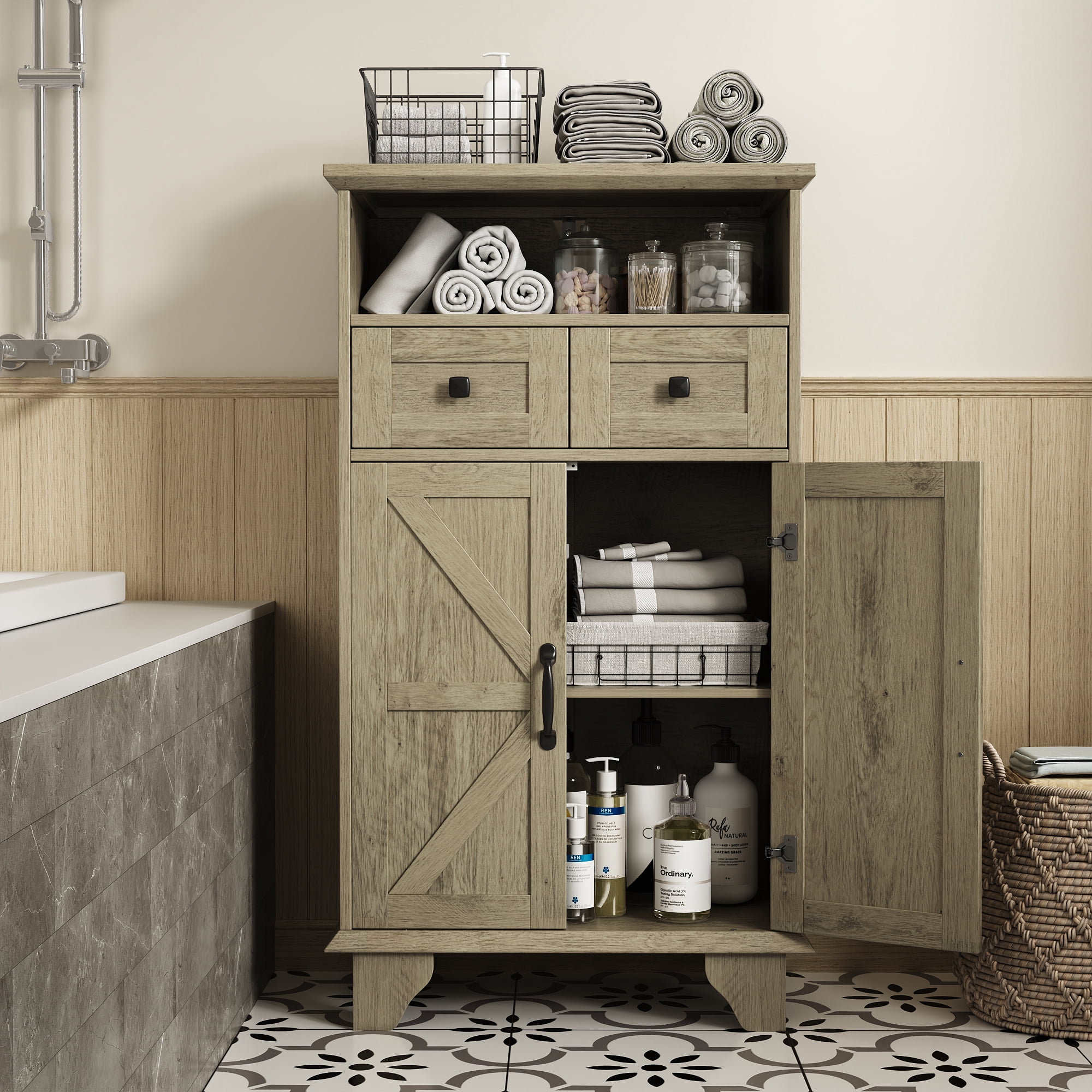 Bathroom Storage Cabinet with Doors and Drawers,Farmhouse Bathroom Floor Cabinet freestanding with Adjustable Shelf,41.3"H Bathroom Organizer,Wood Grain