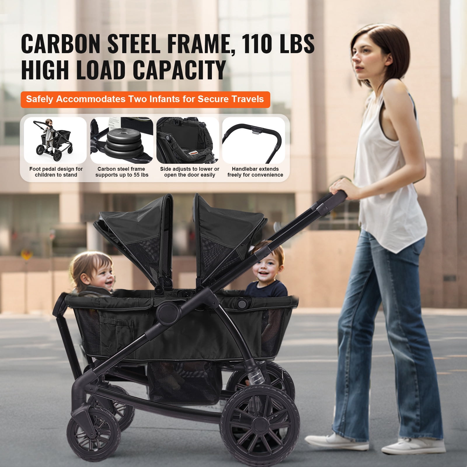 KFFKFF Multi-Terrain Wagon Stroller, Dual-Seating, Easily Foldable for Travel, Comes with Shade Cover, Storage for Parents, Food Tray & Beverage Holders, Supports up to 55lbs per Seat