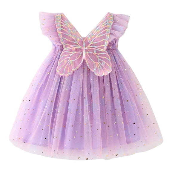 Hihipz Little Girl's Tulle Dress Fly Sleeve Star Moon Sequin Dresses Kids Girls Rainbow Party Princess Dress,Sizes 12M-6Y