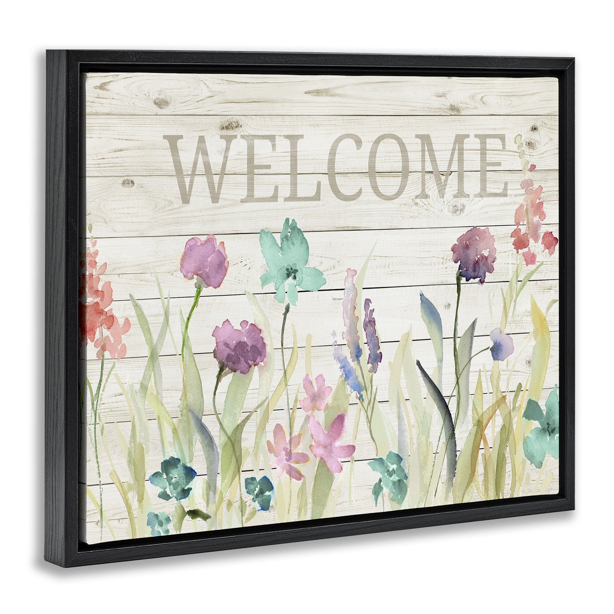 Stupell Industries Welcome Sign Spring Wildflowers Botanical & Floral Painting Black Floater Framed Canvas Art Print Wall Art, 31 x 25