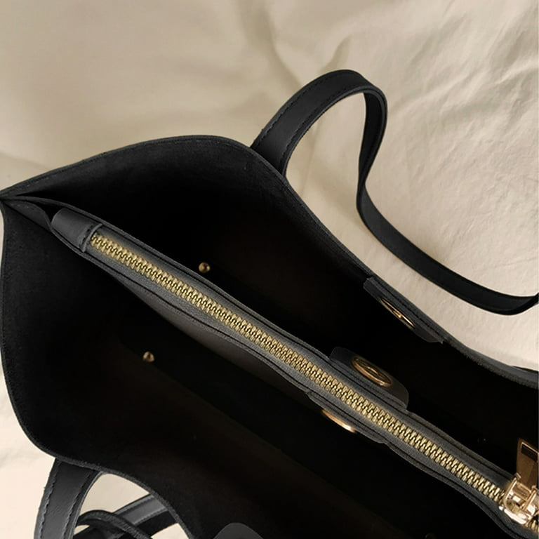 Black Leather Zipper Large Tote Bag With Wide Shoulder Strap