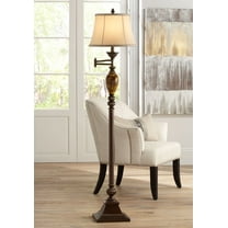 Kathy Ireland Vintage Swing Arm Floor Lamp 61" Tall Bronze Marble Font Faux Silk Shade for Living Room Reading House Bedroom Home