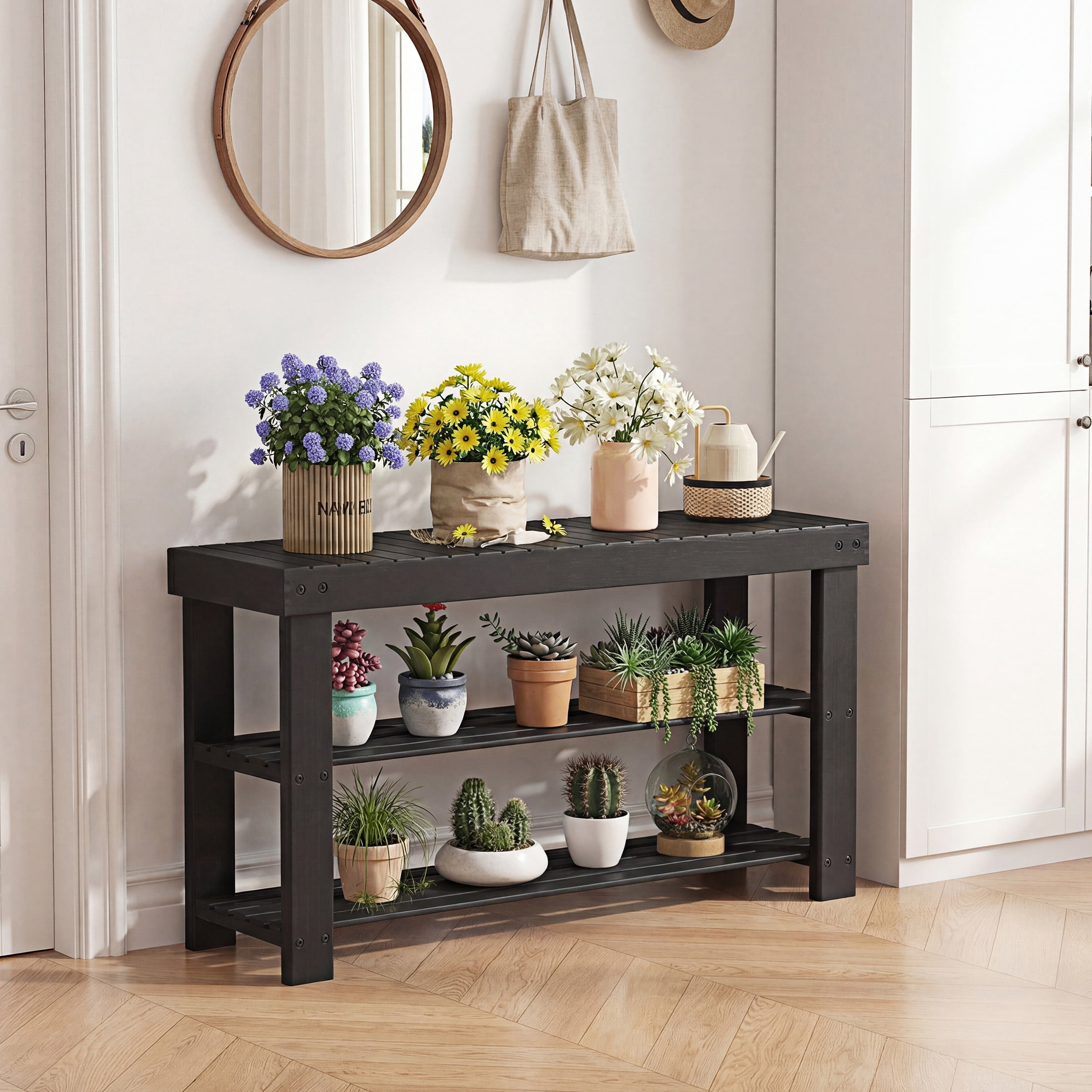 CONCETTA 27-In Bamboo Shoe Rack & Bench, 3-Tier 280 lb Capacity Storage Organizer for Entryway, Living Room, Balcony, Black