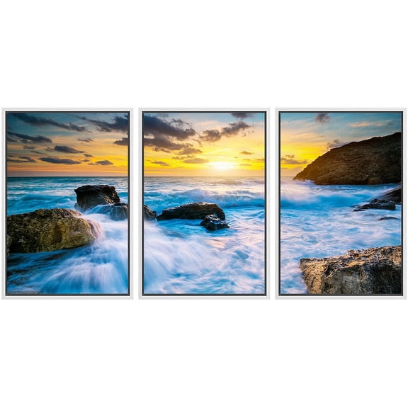 wall26 Framed Canvas Print Wall Art Set Tropical Island Ocean Wave Beach Sunset Nature Wilderness Photography Realism Rustic Landscape Colorful for Living Room, Bedroom, Office - 24"x36"x3