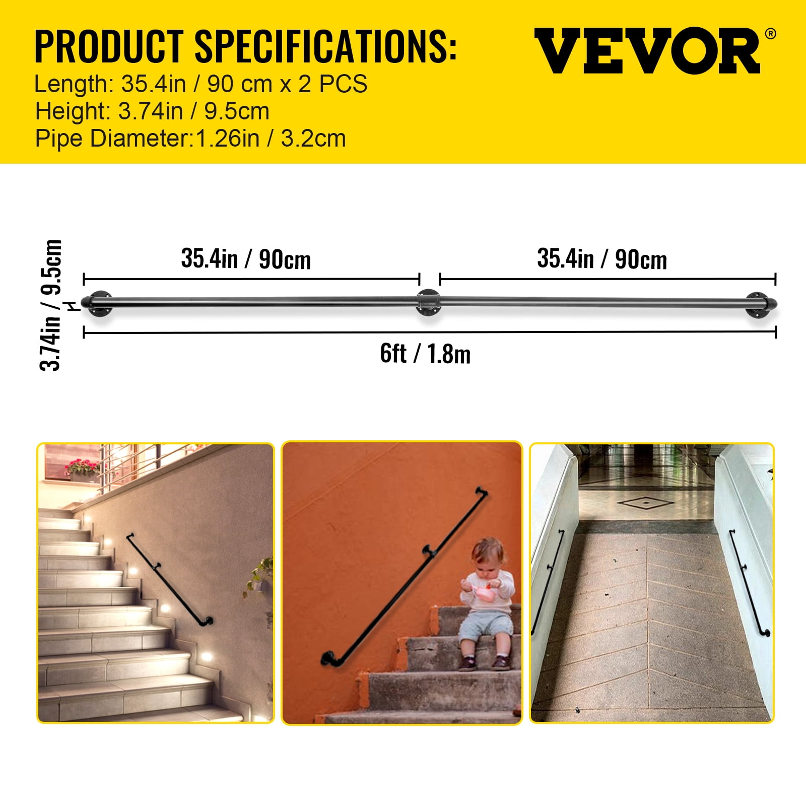 VEVOR 6 ft Pipe Stair Handrail, 440 lbs Load Capacity Carbon Steel Staircase Handrail, Industrial Pipe Handrail with Wall Mount Support