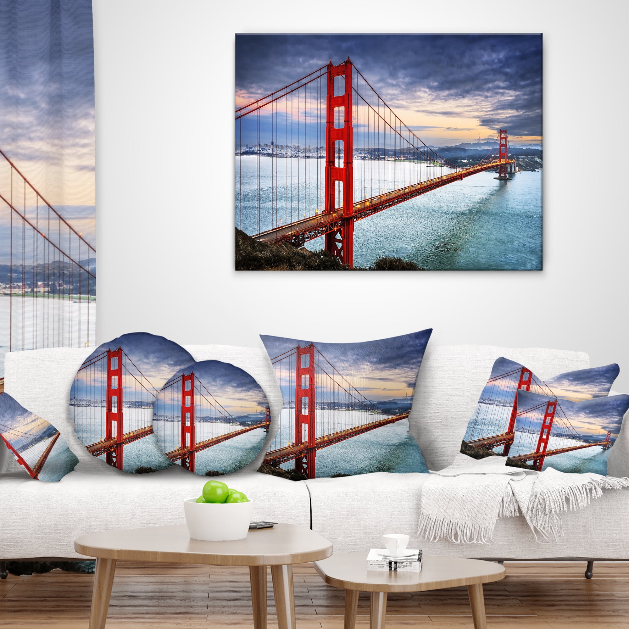 Designart Golden Gate under Cloudy Sky - Sea Bridge Throw Pillow - 16x16