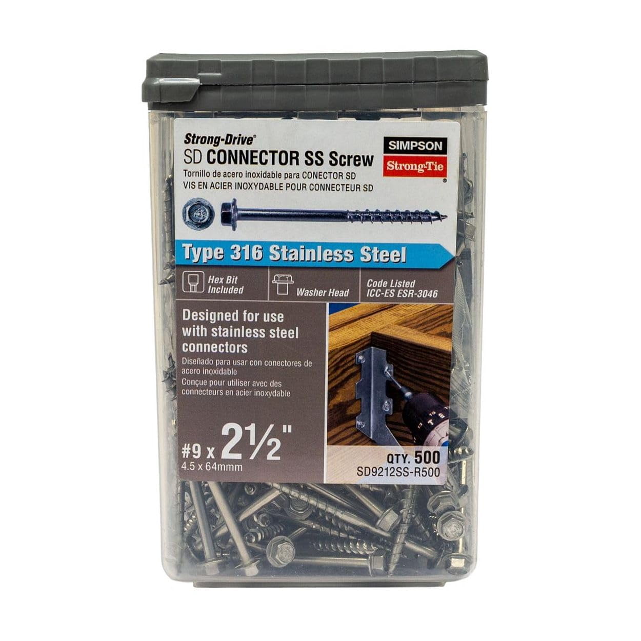 Simpson Strong Tie SD9212SS-R500#9x2-1/2 in. 316 Stainless Steel Hex Drive Connector Screws, 500/Box