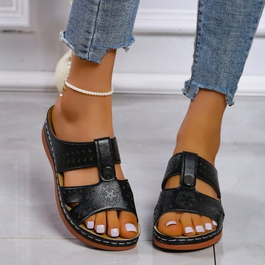 Aayomet Sandals for Women Ladies Fashion Leather Carved Hollow Platform Beach Sandals And Slippers,Black 9