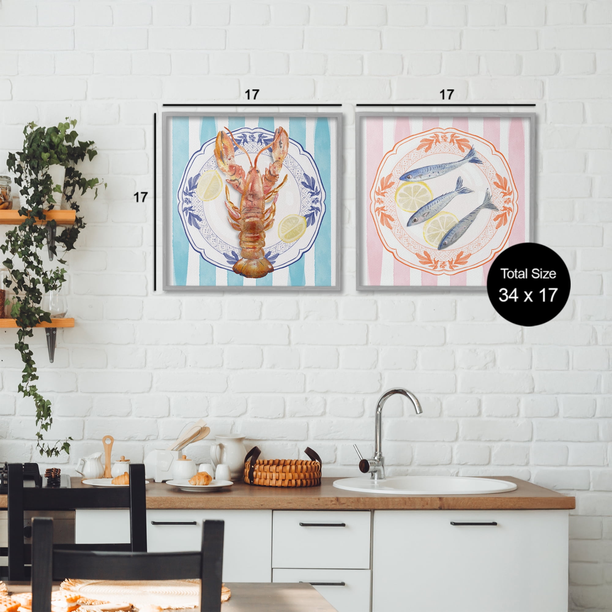 Stupell Industries Lobster & Sardines Plates 2 Piece Gray Framed Giclee Art Set, design by Christie Adams