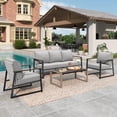 thumbnail image 3 of MF Studio 4-Piece Modern Outdoor Patio Furniture Set with All-Weather Cotton-Filled Sling Fabric Sofa Back, Wood-Grain Outdoor Patio Conversation Set with U-Shape Coffee Table, Gray, 3 of 18