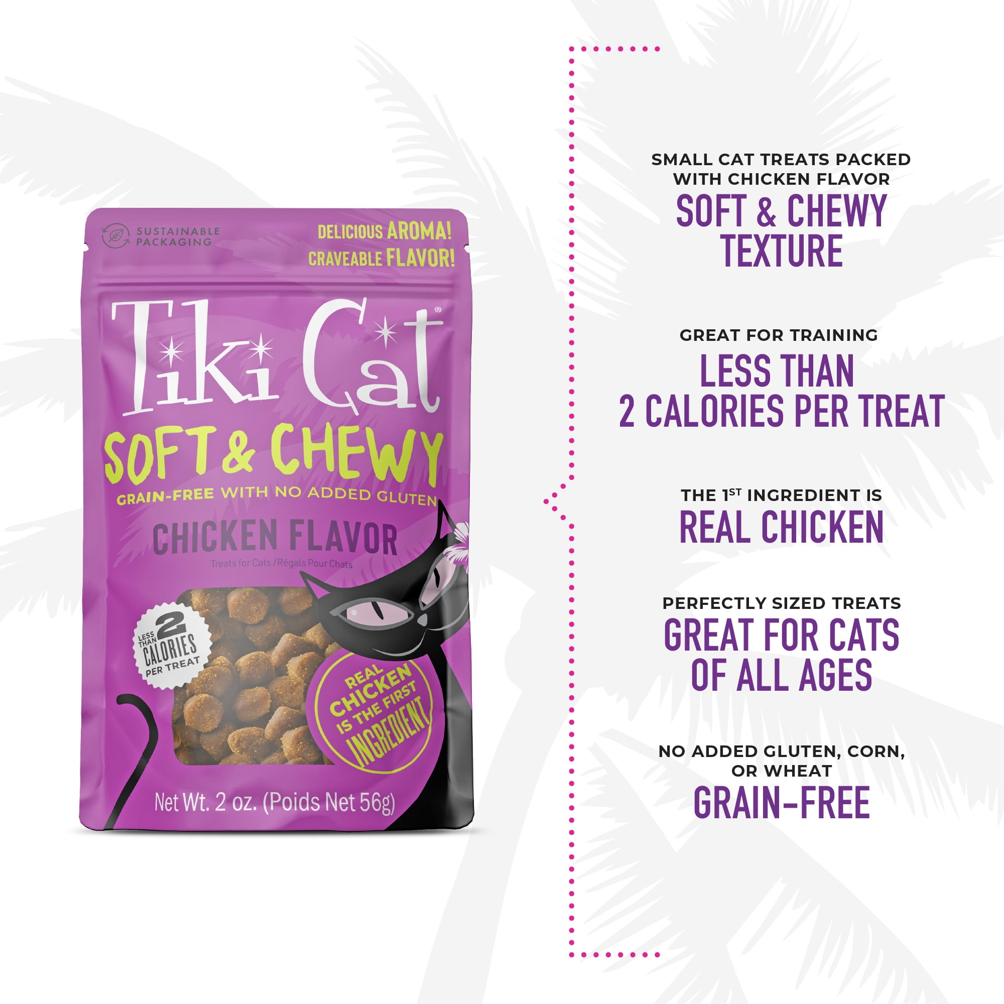 (4 pack) Tiki Pets Soft & Chewy Chicken Soft Treats for Cat, 2 oz Bag