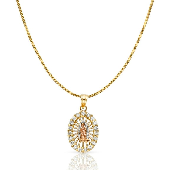 14K Tri Color Gold Cubic Zirconia CZ Our Lady of Guadalupe Charm Pendant with 0.9mm Wheat Chain Necklace - 18"