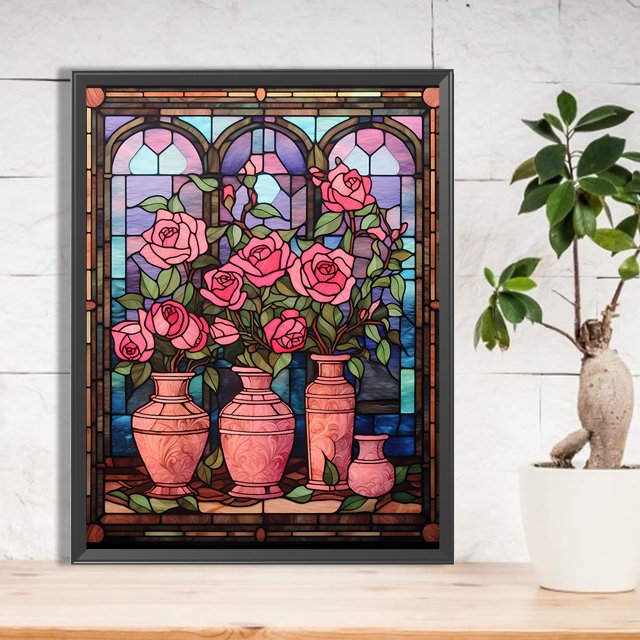 Cuadros Decorativos Pintura de diamante 5D DIY Kit de taladro redondo completo Florero de rosa de vidrieras (sz4380) DQrwqpou embutido en tela