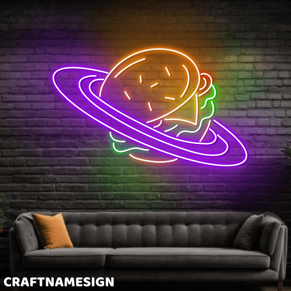 Craftnamesign Hamburger Planet Neon Light For Burger Fast Food Restaurant Wall Sign