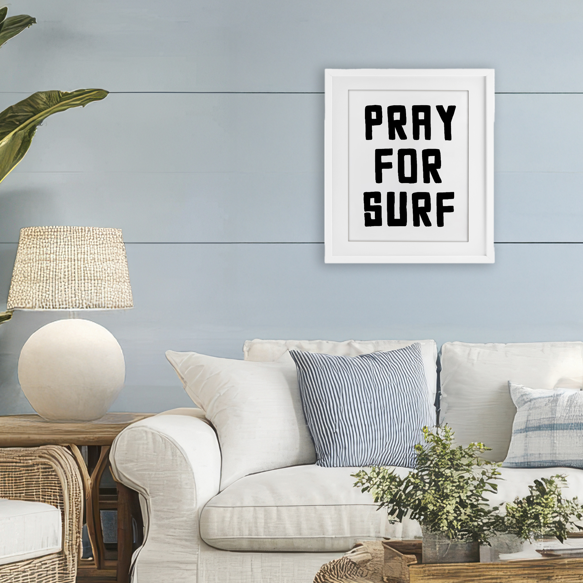 Pray For Surf Simple Sentiment White Framed Print Under Glass, design by Lettered and Lined