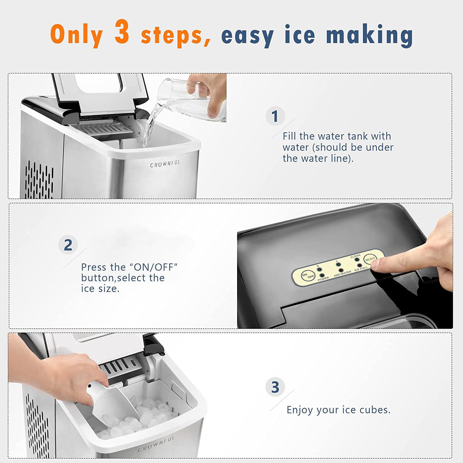 CROWNFUL Ice Maker Machine for Countertop, 9 Ice Cubes S/L Ready in 7  Minutes, 26lbs/24H, self-Cleaning, White - Invastor