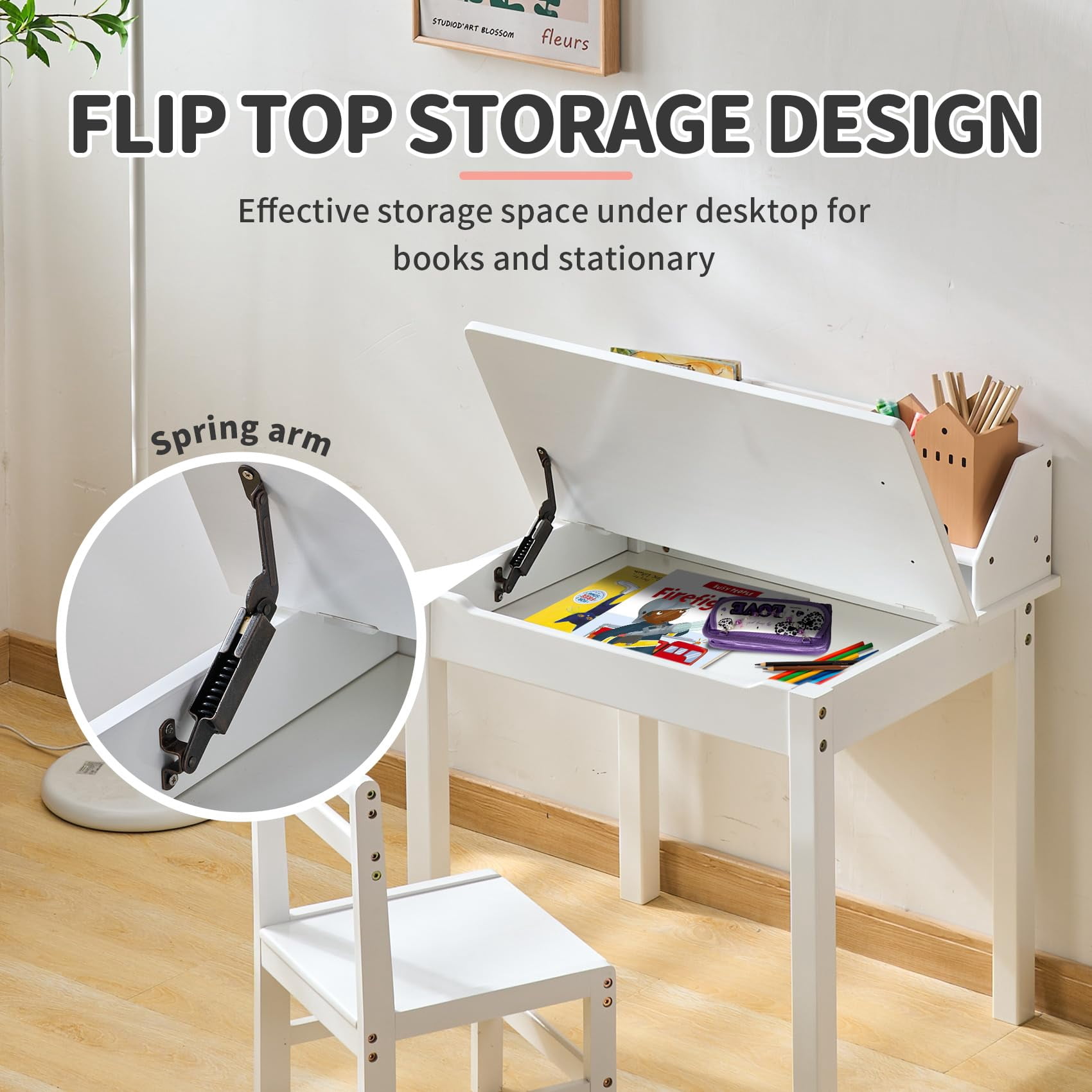 UNICOO® Bamboo Kids Desk and Chair Set, Lift-Top Desk & Chair Set for 3-8 Years Old, Children Writing Desk with Storage and Hutch for Home School Use (C007 - White)