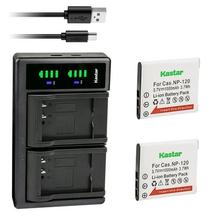 Kastar 2-Pack Battery and LTD2 USB Charger Compatible with Casio NP-120 CNP-120 Battery  BC-120 Charger  Casio Exilim EX-ZS26  Exilim EX-ZS27  Exilim EX-ZS28  Exilim EX-ZS30  Exilim EX-ZS35 Cameras