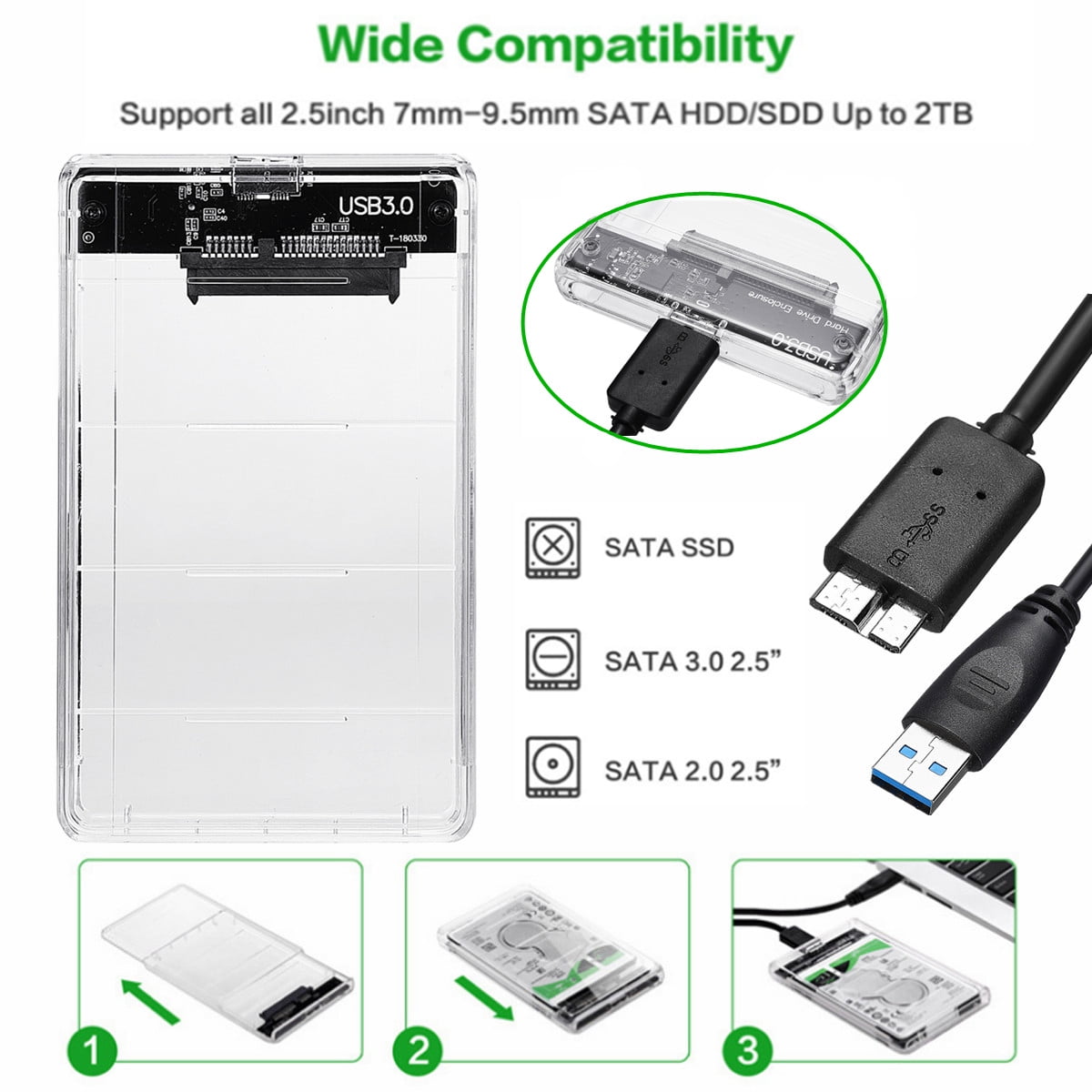 2.5 inch USB3.0 2TB Transparent Sata 5Gbps HDD SSD Case Box Hard Drive Enclosure