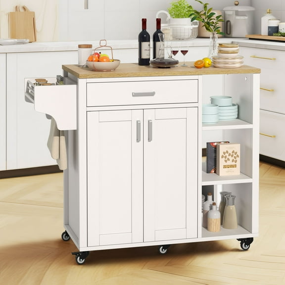WSSYzyzf 37" Rolling Kitchen Island Cart with Storage, Butcher Block Island on Wheels, Mobile Kitchen Storage Carts with Shelves & Spice, White