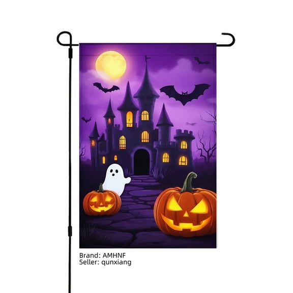 AMHNF Halloween Castle with Ghost and Pumpkins Linen Garden Flag for Halloween Home Outdoor Garden Yard Decor 12x18 inch