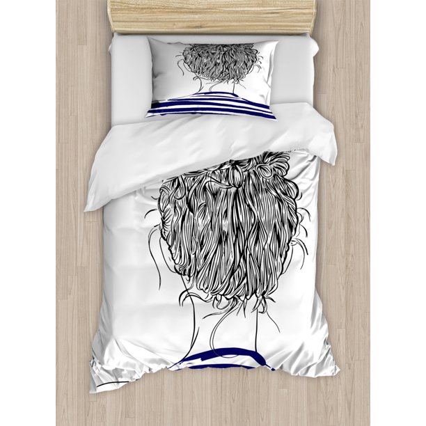 Sketch Duvet Cover Set, Print of a Young Girl's Back Hair in a Messy