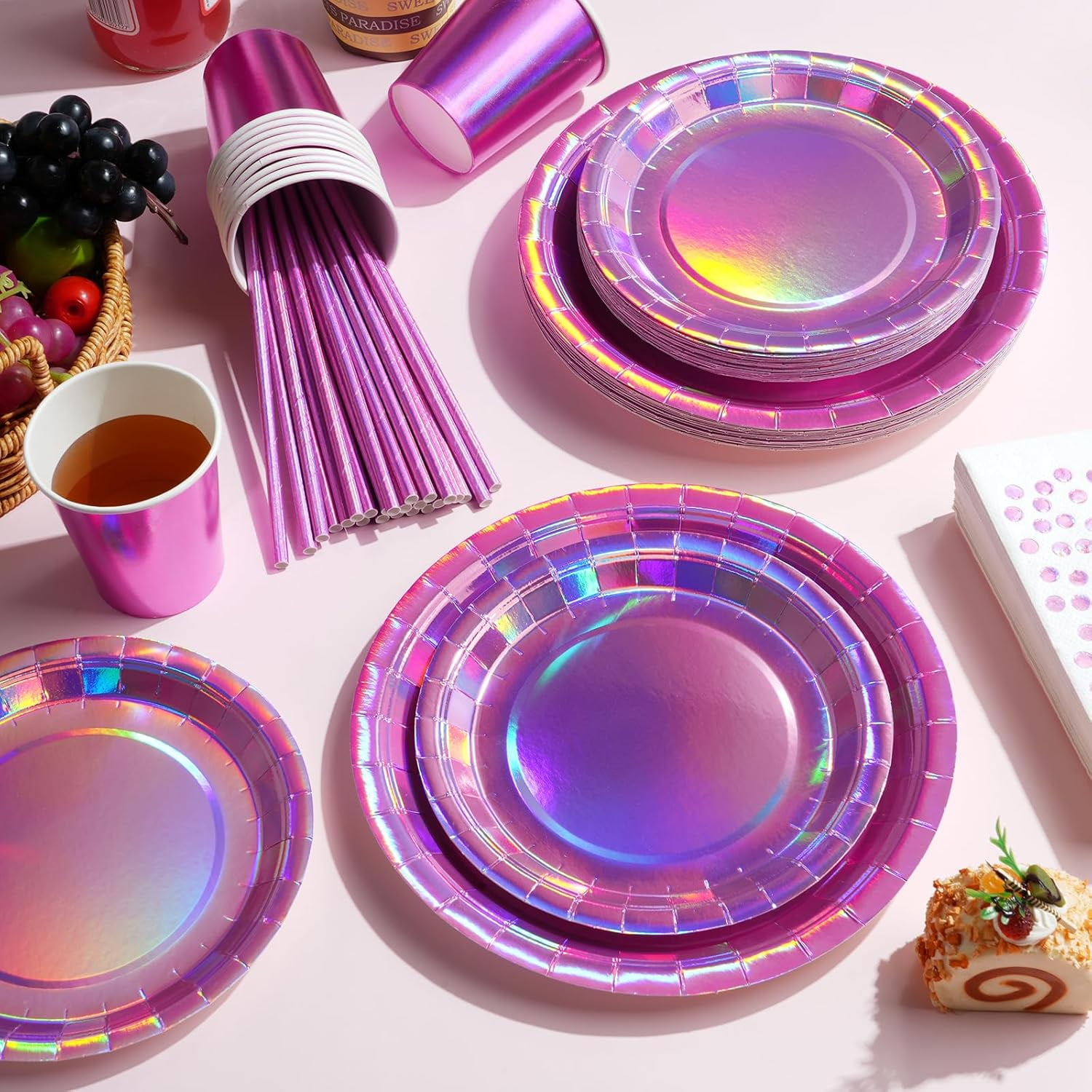 141 Iridescent Pink Party Supplies Decorations, Hot Pink Holographic Paper Plates and Napkins Set, Disposable Tableware Set for Mermaid Disco Birthday Girls Party
