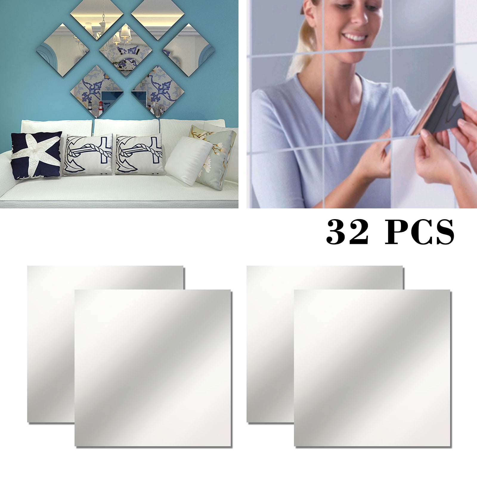 32 Pieces Flexible Mirror Sheets Self, Stick On Mirror Sheets