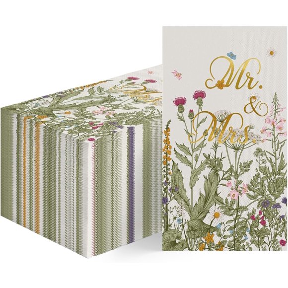 100 Spring Disposable Paper Decorative Guest Napkins, Watercolor Flowers Gold Foil Mr and Mrs for Party Lunch Dinner Kitchen Bathroom
