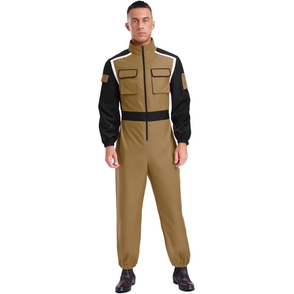 Runhomal Men's Halloween Party Overalls Mechanic Racing Driver Fireman Cosplay Jumpsuit Coveralls Playsuit Khaki XL