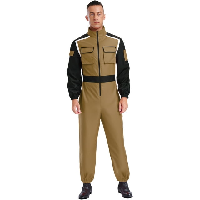 Oyolan Men Racer Jumpsuit Racing Car Driver Costume Long Sleeve Zipper Mechanic Coveralls with Pockets Khaki XL