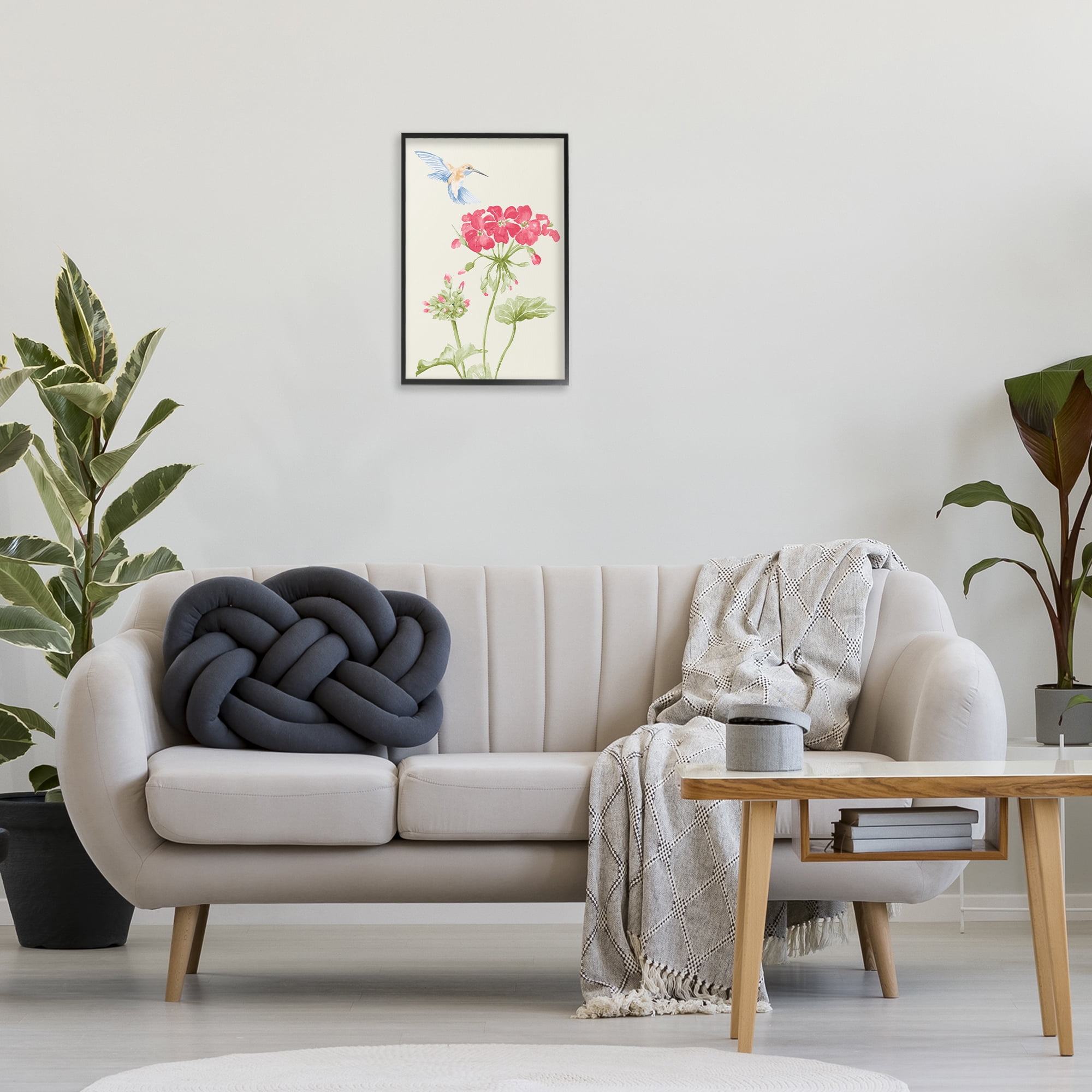 Stupell Industries Geraniums & Hummingbird Botanical & Floral Painting Black Framed Art Print Wall Art, 16 x 24