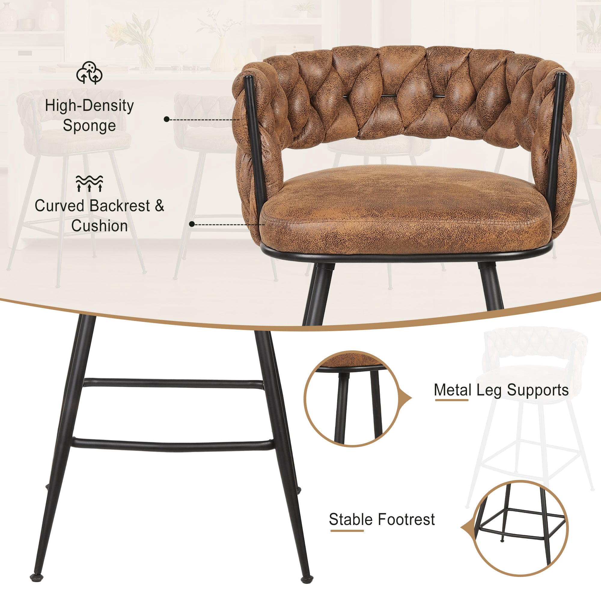 VECELO Modern Braided Bar Stools Set of 4 – Suede Fabric Counter Height Stools with Woven Back Support & Footrest, Heavy-Duty Metal Frame Bar Chairs for Kitchen Island,Brown
