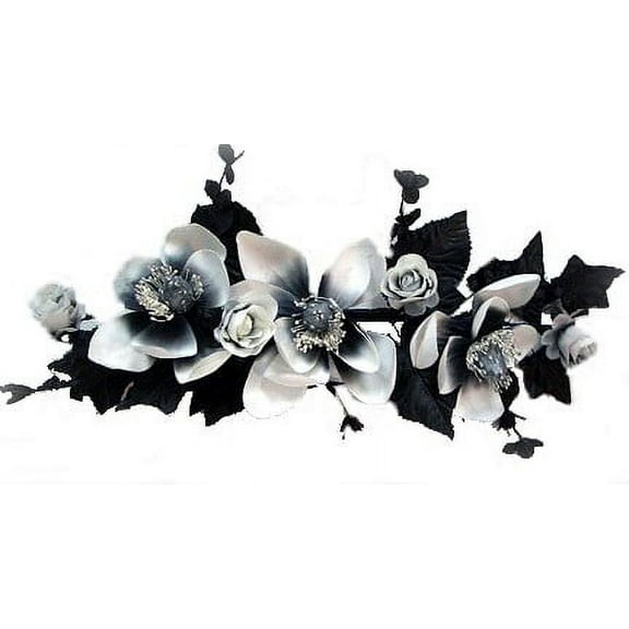 Black White Magnolia Rose Bud 16in Artificial Polysilk Fake Flower Hand Wrapped Swag for Craft Garden Outdoor Bouquet Arrangement Ceremony Wedding Arch Floral Wall Aisle Decor (Black White, Set of 2)