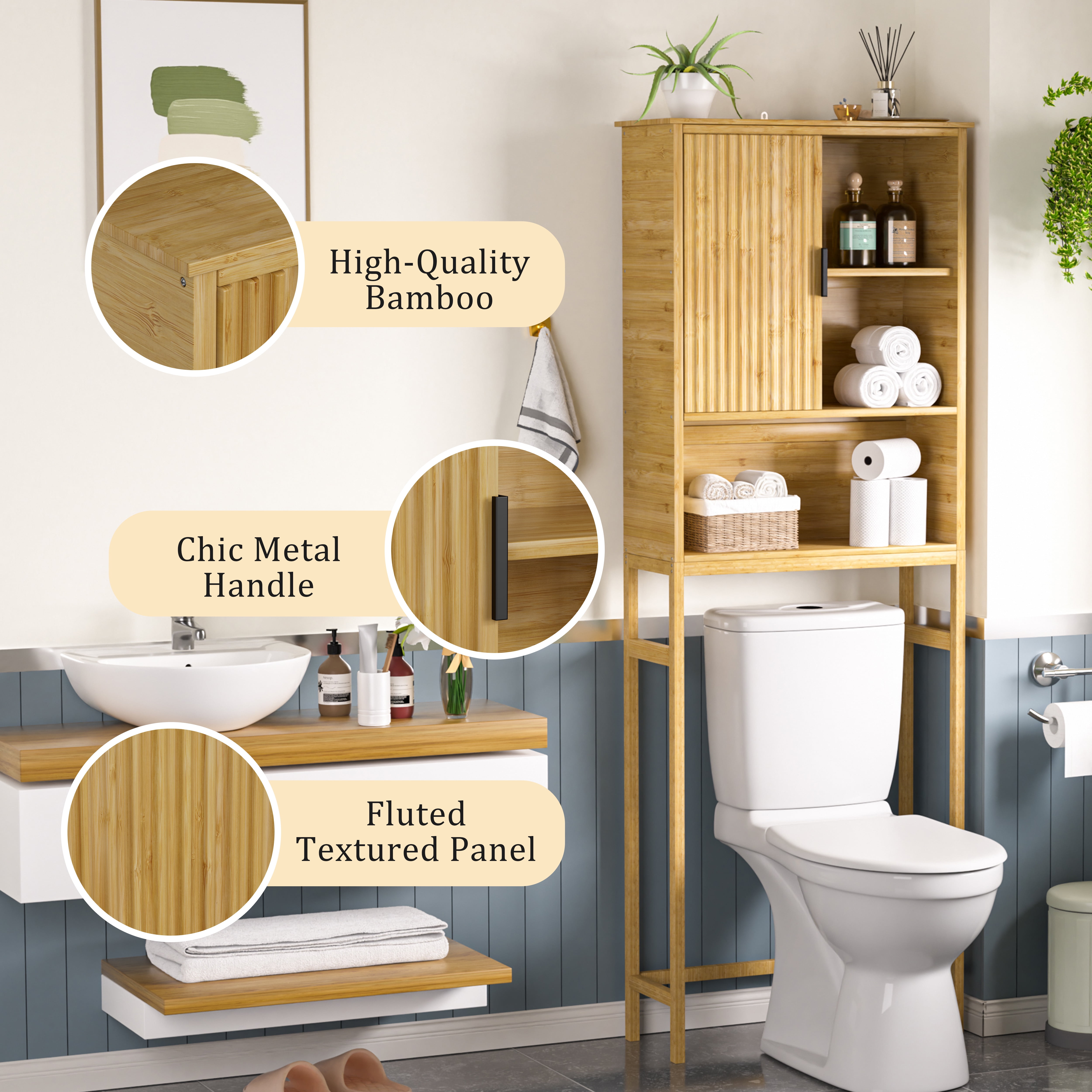 VEIKOUS Bamboo Fluted Over-The-Toilet Storage Cabinet Space Saving Bathroom Organizer w/ Shelves and Cupboard, Natural