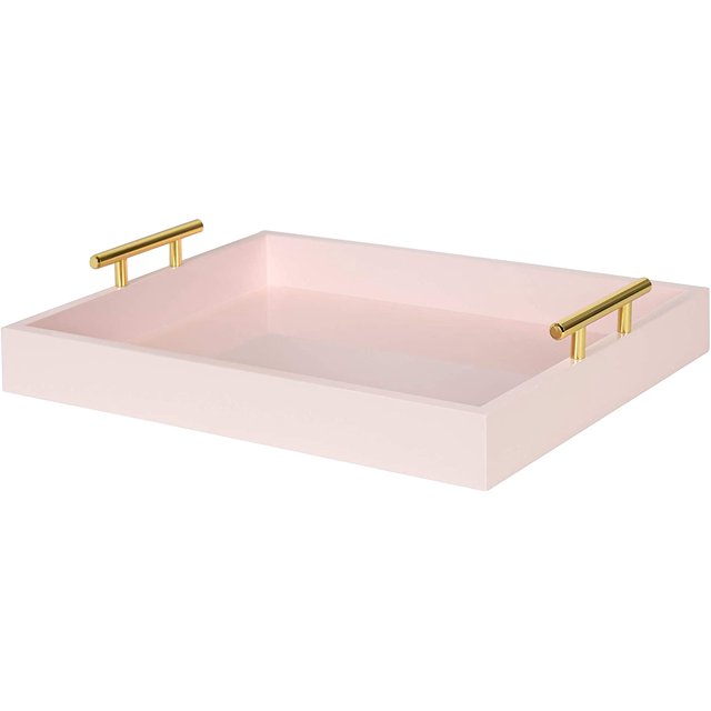 Kate and Laurel - Lipton Decorative Tray with Polished Gold Metal Handles, Soft Pink