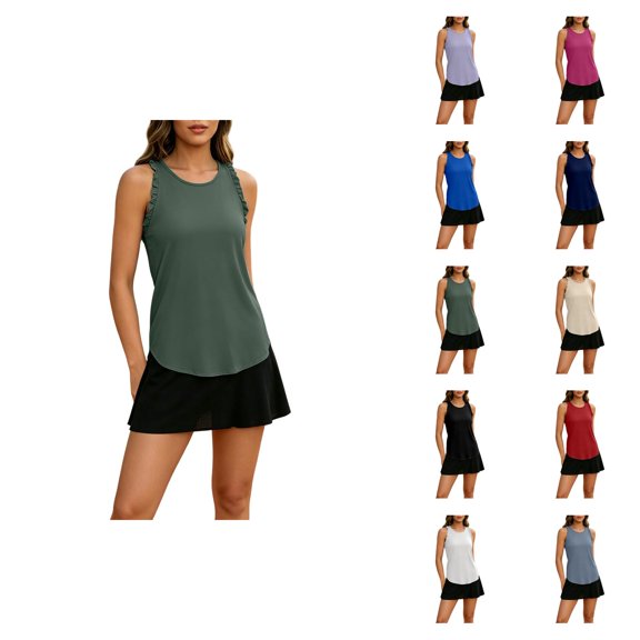 Workout Tank Tops Woman Summer Sleeveless Ruffle Racerback Crewneck Casual Loose Running Gym Athletic Tee Shirts
