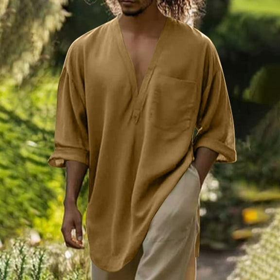 lmcalzta Mens Cotton Linen Shirts Oversized 3/4 Sleeve Loose Fitted Lightweight V Neck Beach Tee Shirts